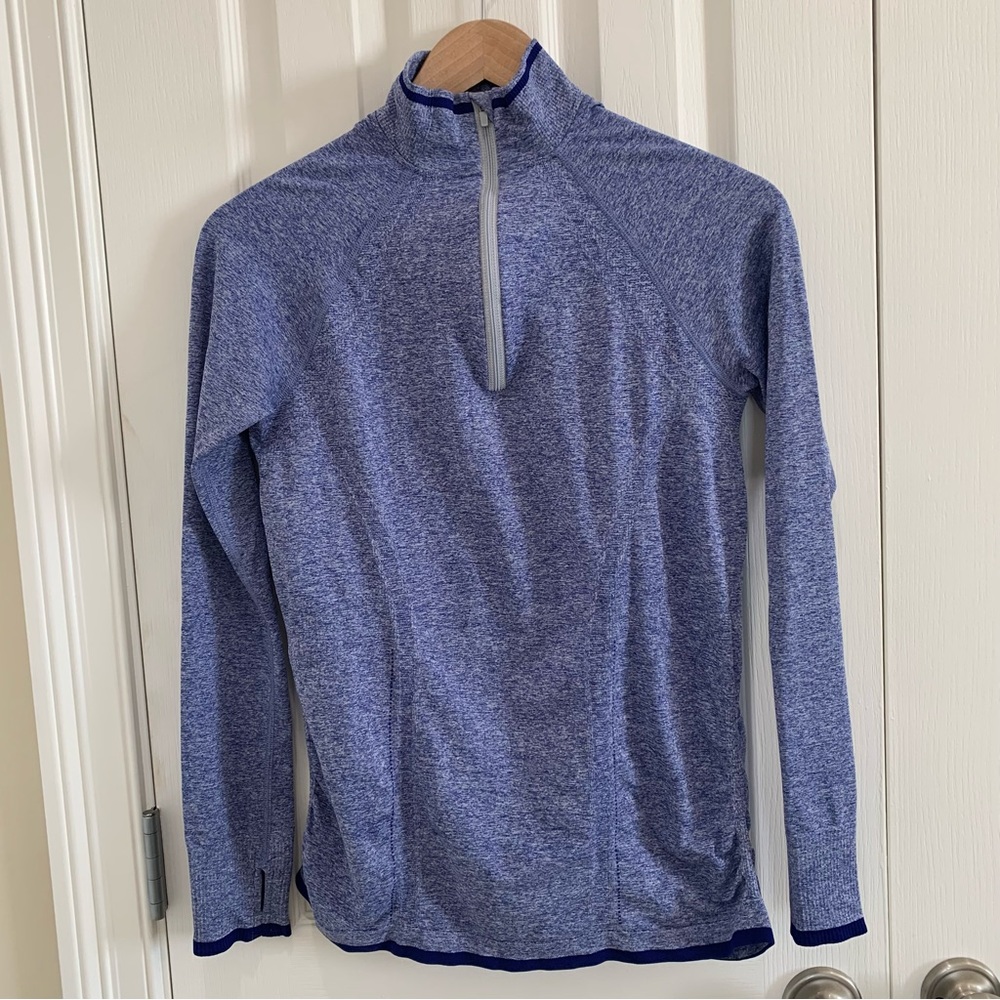 Athleta Fastest Track Breathable Blue Heathered 1/4 Zip Pullover Thumbholes M
